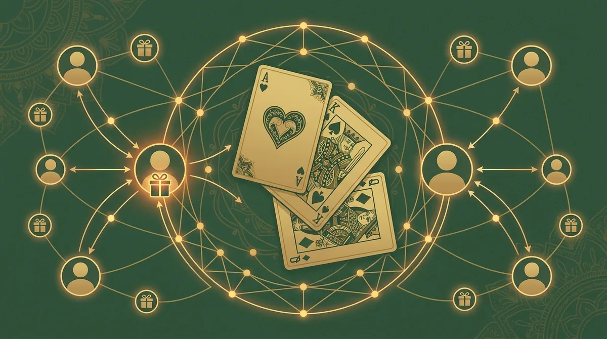 Three Teen Patti cards surrounded by a gold network of connected people icons and a gift token, illustrating a Teen Patti referral earning program.